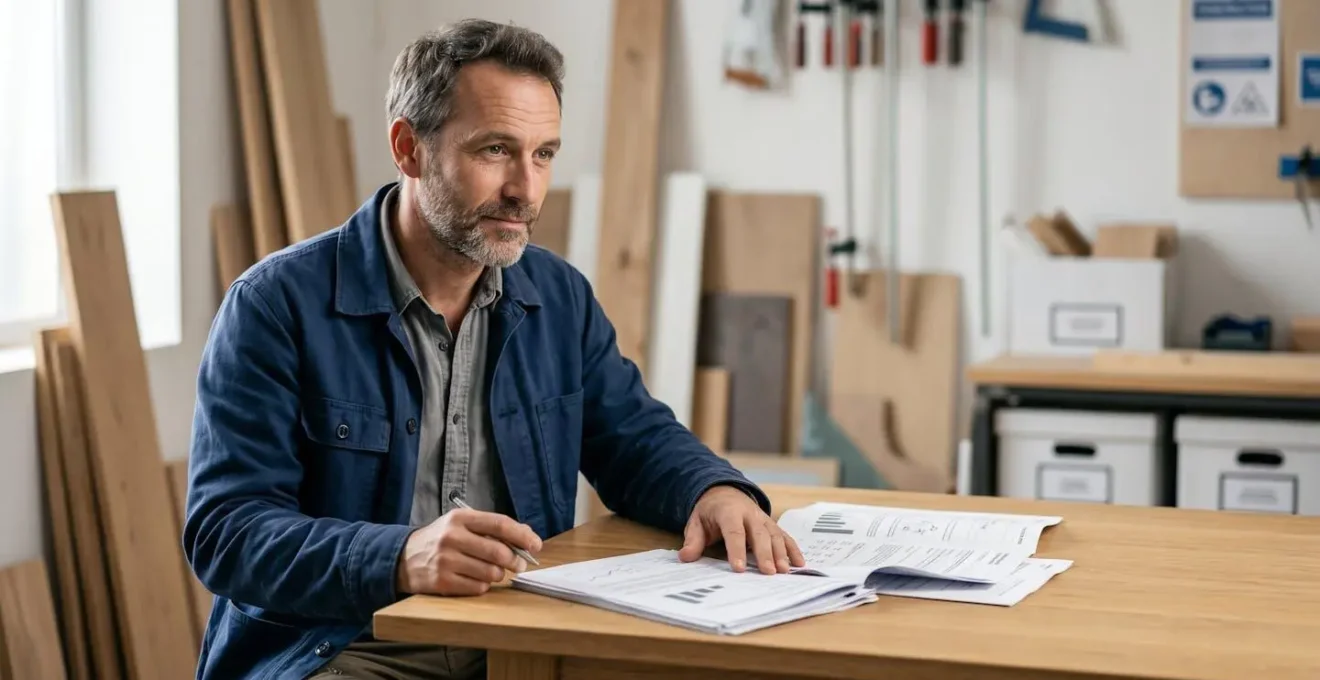 Artisan professionnel examinant des documents d'assurance dans un environnement épuré et lumineux
