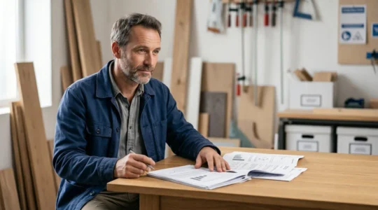 Artisan professionnel examinant des documents d'assurance dans un environnement épuré et lumineux