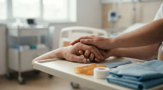 Scène évoquant l'assistance internationale et le soutien familial lors d'une urgence médicale à l'étranger