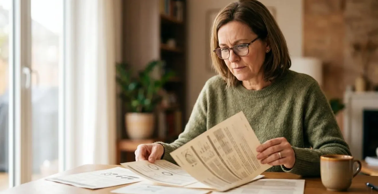 Personne examinant attentivement des documents d'assurance avec une expression concentrée, éclairage naturel doux