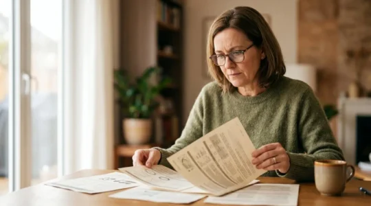 Personne examinant attentivement des documents d'assurance avec une expression concentrée, éclairage naturel doux