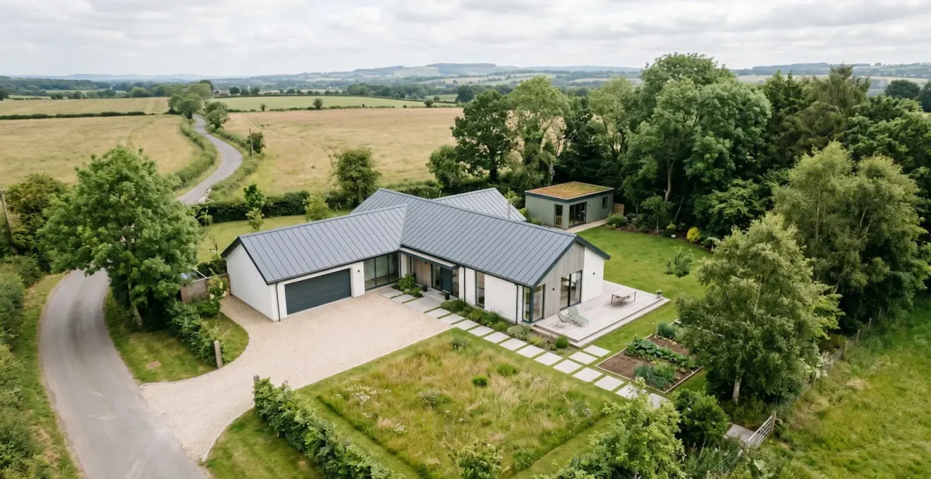 Vue aérienne d'une maison contemporaine de plus de 100 m² avec jardin et dépendances