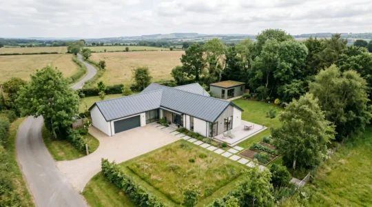 Vue aérienne d'une maison contemporaine de plus de 100 m² avec jardin et dépendances