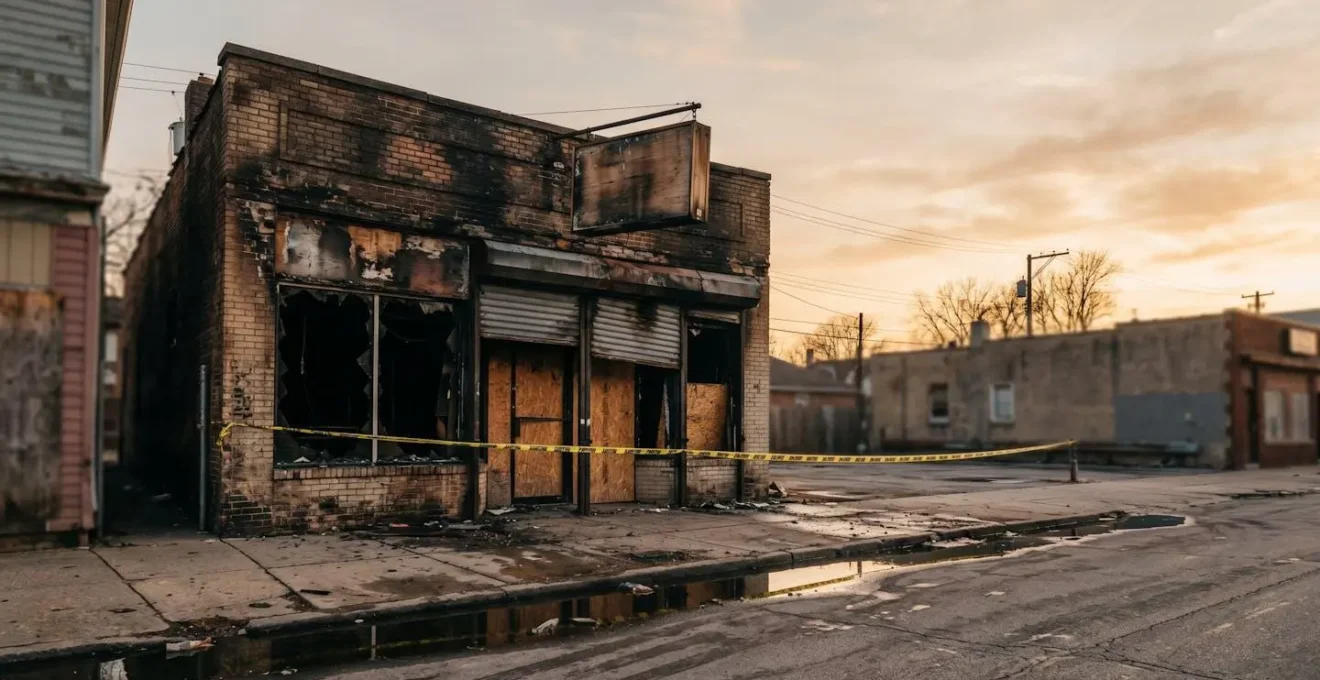 Local commercial endommagé avec vitrines noircies après un incendie, vue extérieure montrant l'impact d'un sinistre sur l'activité