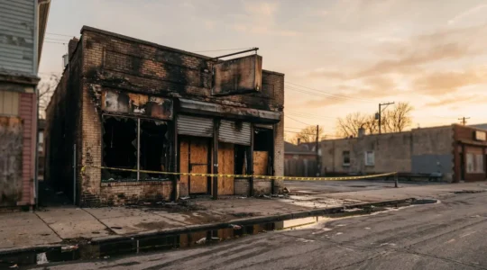 Local commercial endommagé avec vitrines noircies après un incendie, vue extérieure montrant l'impact d'un sinistre sur l'activité