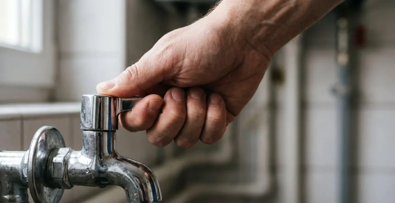Gros plan sur une main fermant une vanne d'arrêt d'eau en situation d'urgence domestique