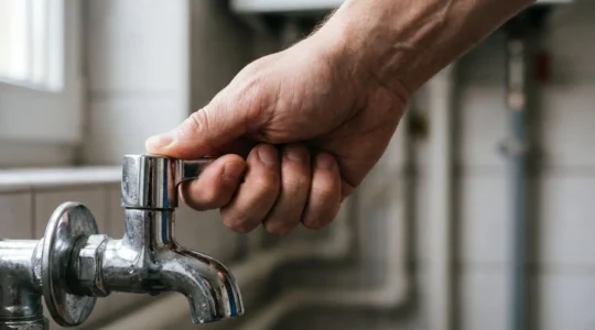 Gros plan sur une main fermant une vanne d'arrêt d'eau en situation d'urgence domestique