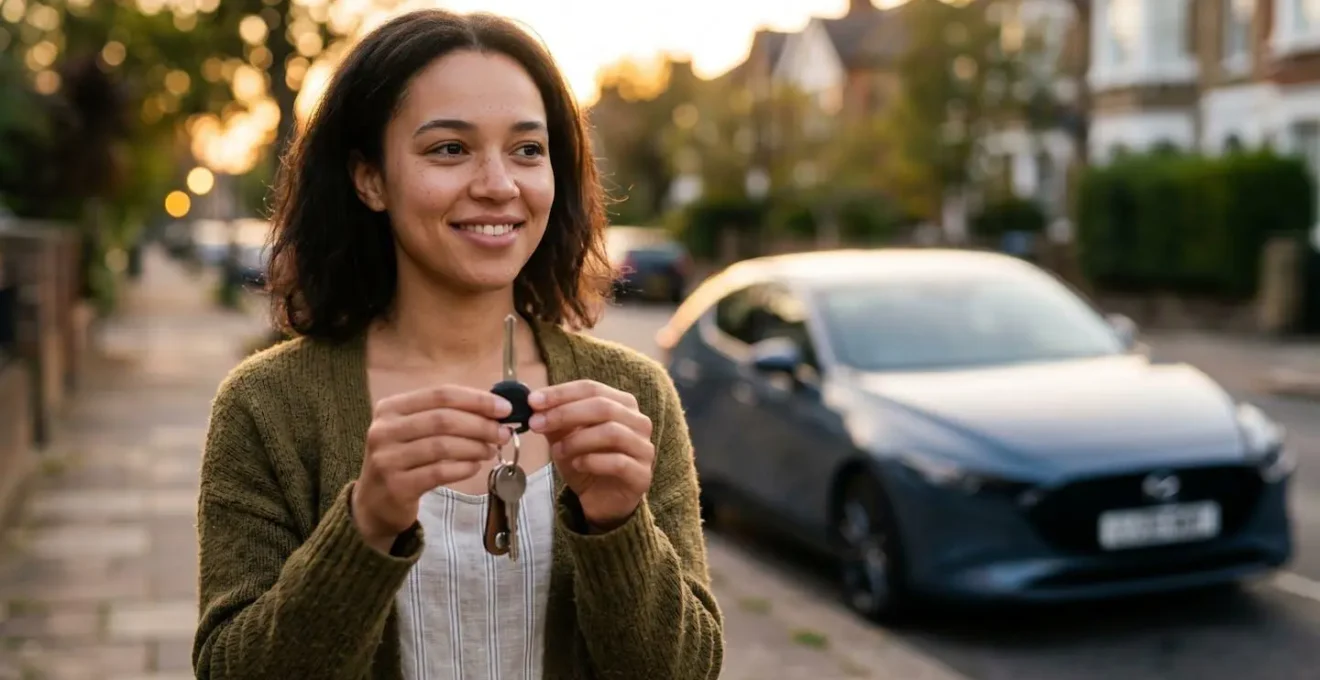 Un jeune conducteur tenant des clés de voiture avec un véhicule en arrière-plan dans une ambiance lumineuse et optimiste