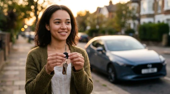 Un jeune conducteur tenant des clés de voiture avec un véhicule en arrière-plan dans une ambiance lumineuse et optimiste