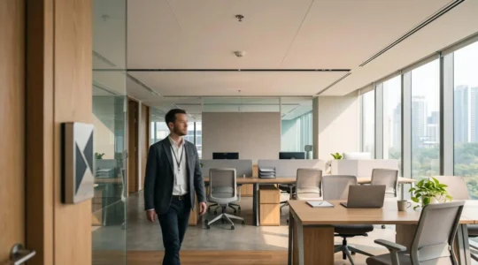 Environnement professionnel moderne mettant en évidence les éléments de sécurité et de conformité pour la protection des salariés et du matériel