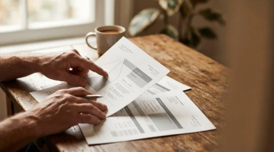 Une personne analysant attentivement des documents médicaux et devis d'assurance santé sur une table, avec des éléments financiers illustrant la transparence des remboursements