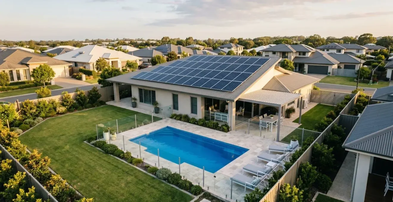 Vue aérienne d'une maison moderne avec piscine enterrée et panneaux solaires sur toiture dans un jardin verdoyant