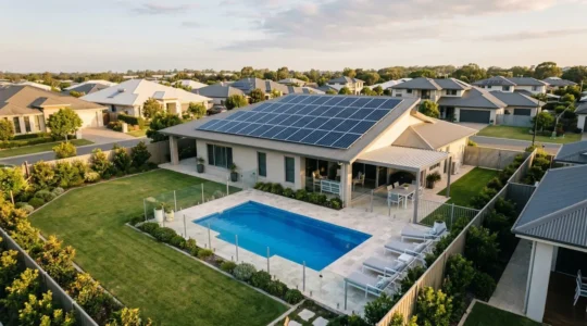 Vue aérienne d'une maison moderne avec piscine enterrée et panneaux solaires sur toiture dans un jardin verdoyant