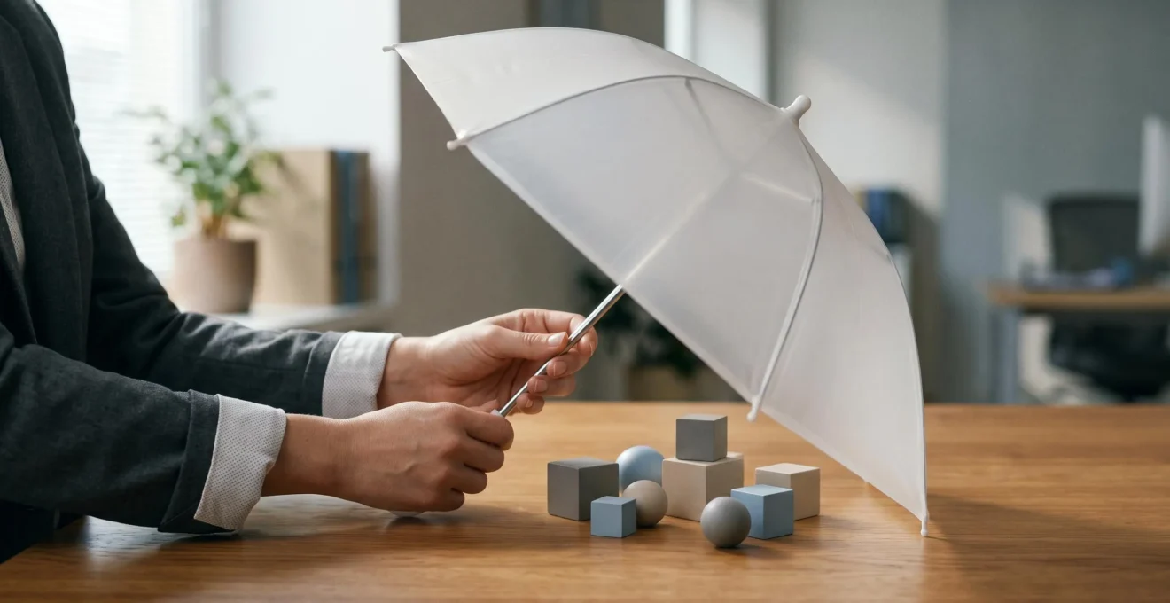 Scène professionnelle symbolisant l'évaluation d'une erreur et la couverture d'assurance responsabilité civile