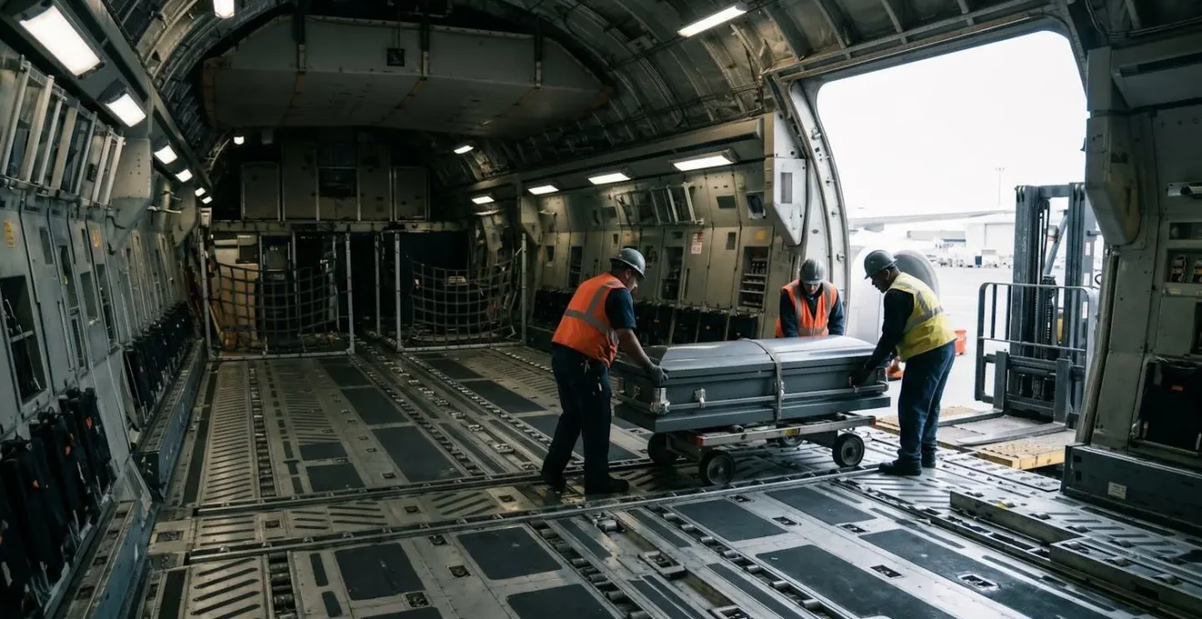 Transport aérien funéraire avec cercueil hermétique dans la soute d'un avion