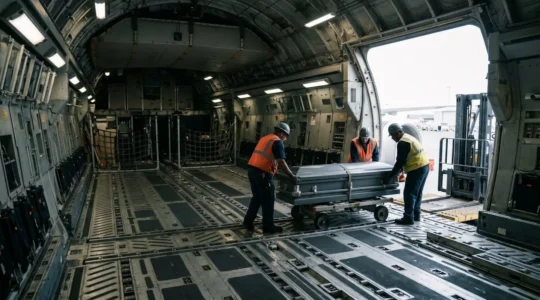 Transport aérien funéraire avec cercueil hermétique dans la soute d'un avion