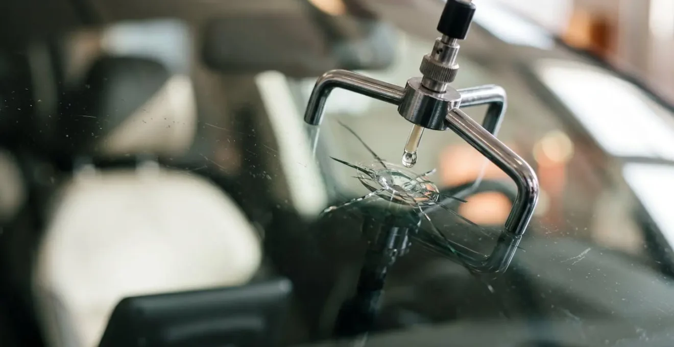 Gros plan artistique sur un pare-brise automobile avec injection de résine en cours, éclairage naturel doux, profondeur de champ réduite