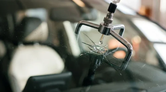 Gros plan artistique sur un pare-brise automobile avec injection de résine en cours, éclairage naturel doux, profondeur de champ réduite