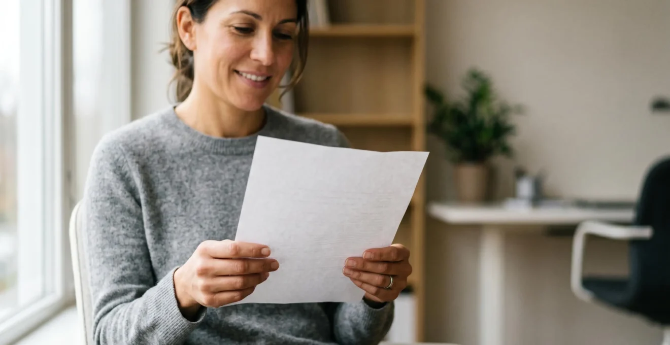 Personne tenant un document administratif avec une expression de sérénité, symbolisant la liberté de résilier sa mutuelle santé
