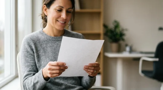 Personne tenant un document administratif avec une expression de sérénité, symbolisant la liberté de résilier sa mutuelle santé