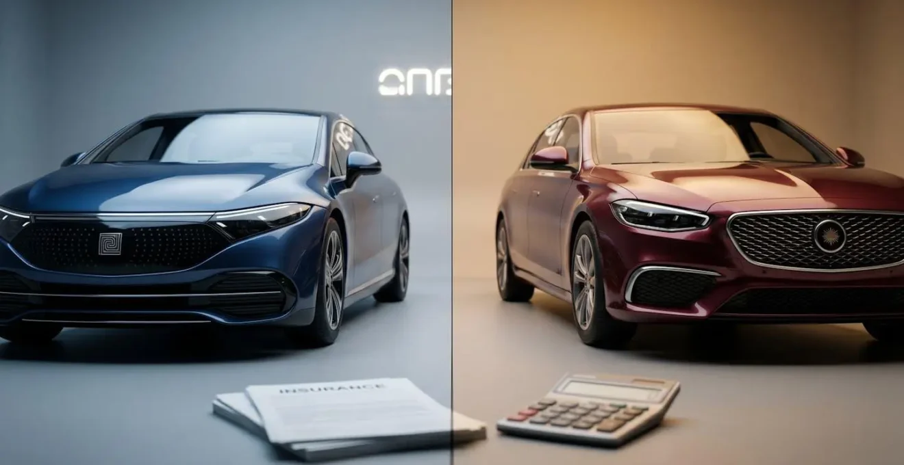 Comparaison visuelle entre véhicule électrique et thermique dans un contexte assurantiel moderne