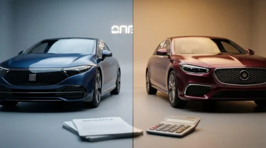 Comparaison visuelle entre véhicule électrique et thermique dans un contexte assurantiel moderne
