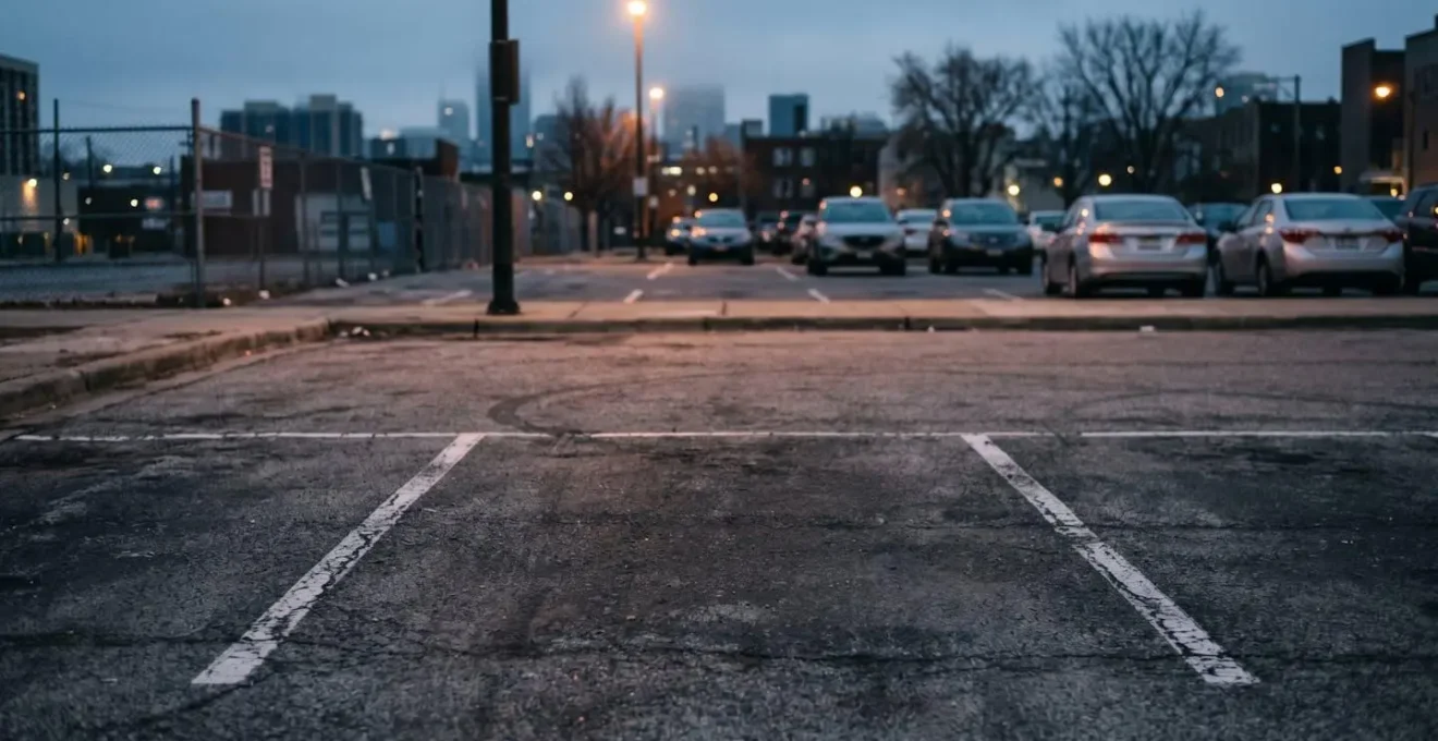 Voiture récente disparue sur une place de parking urbaine vide, symbolisant l'enjeu du vol et du remboursement en assurance auto