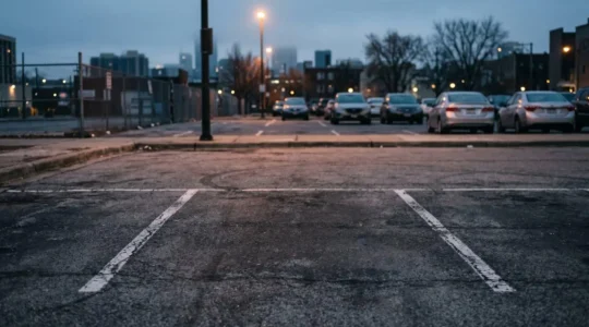 Voiture récente disparue sur une place de parking urbaine vide, symbolisant l'enjeu du vol et du remboursement en assurance auto