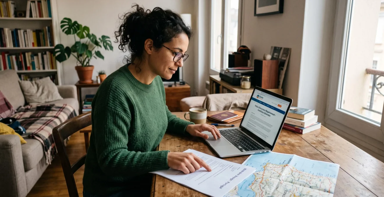 Une voyageuse révise les conditions d'assurance avant son départ en voyage.