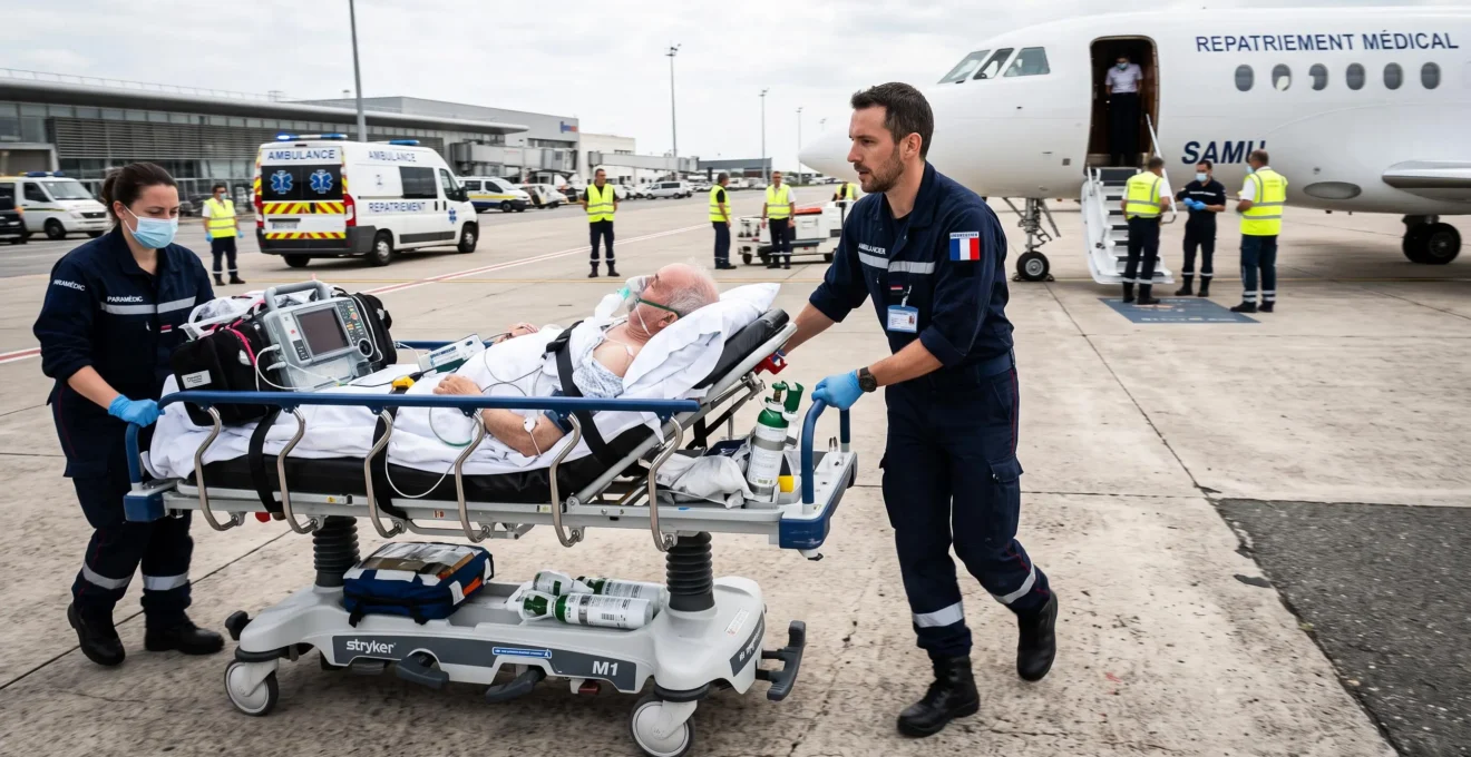 Transport médicalisé du patient vers un centre de soins ou le pays d'origine.